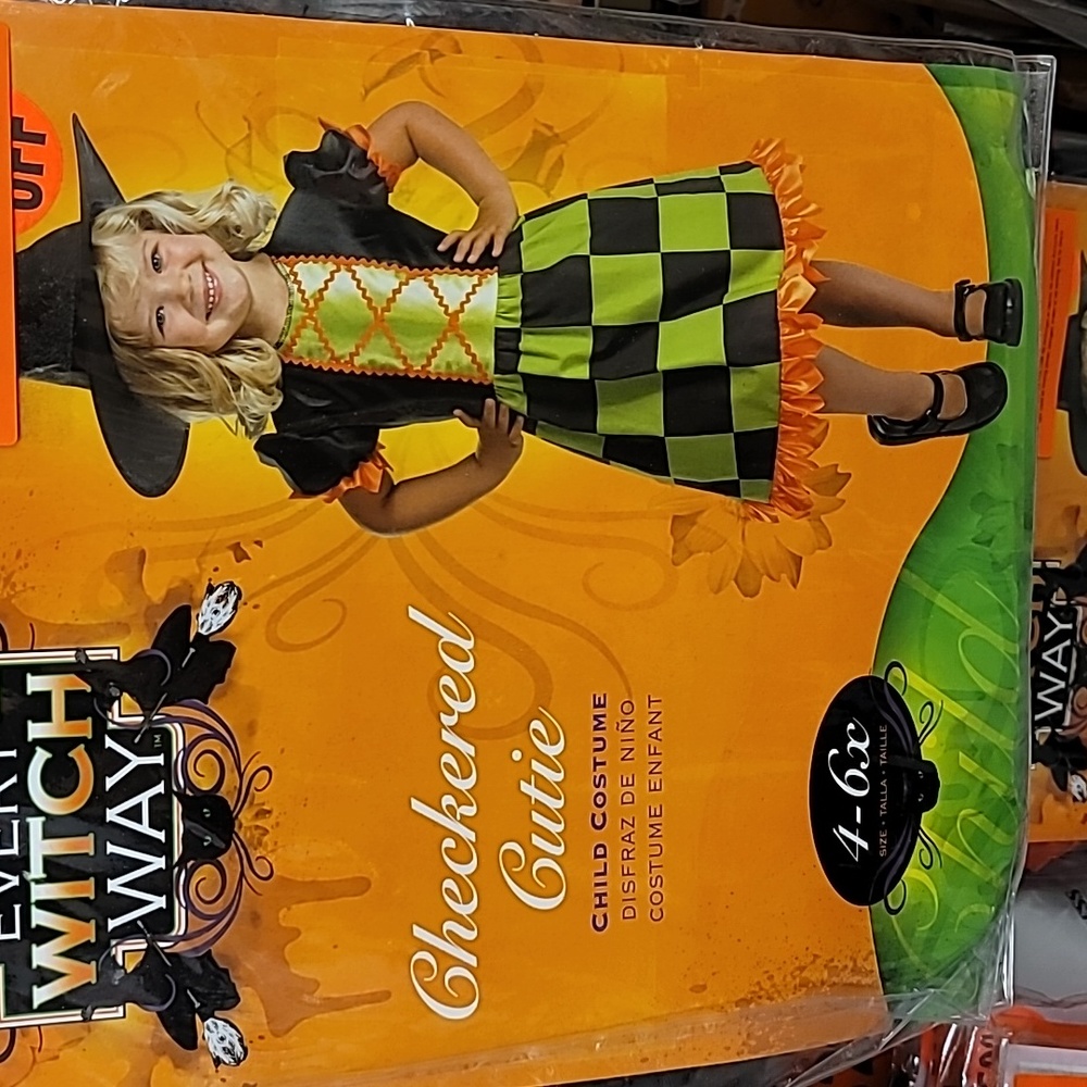 Checkered cutie child Witch Costume green orange black 4-6
